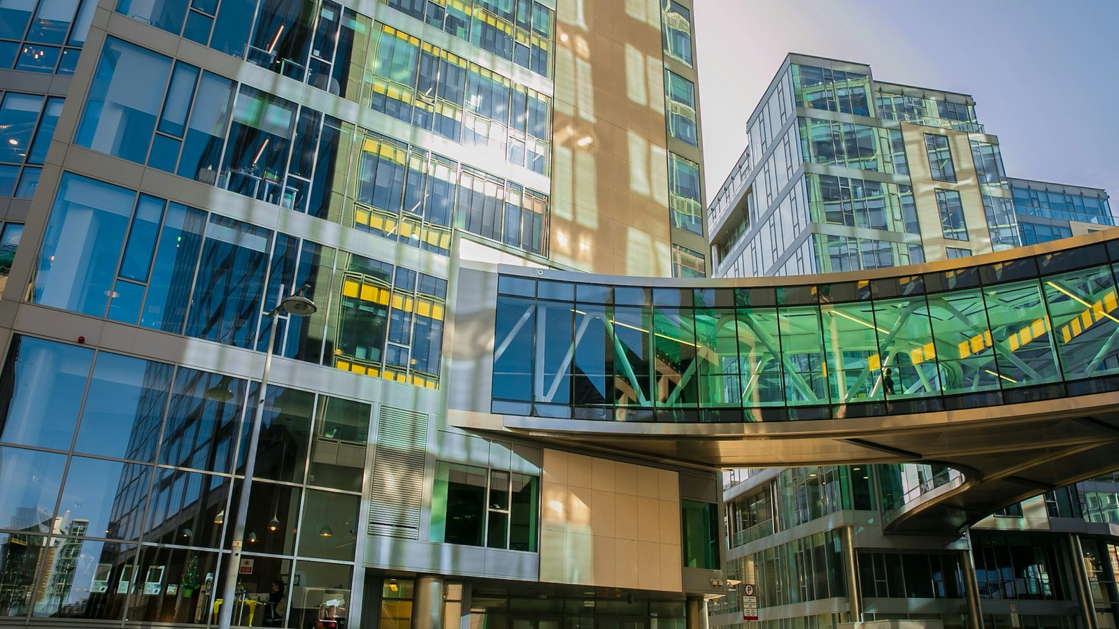 Google office buildings and sky bridge in Dublin; archival company photograph.
