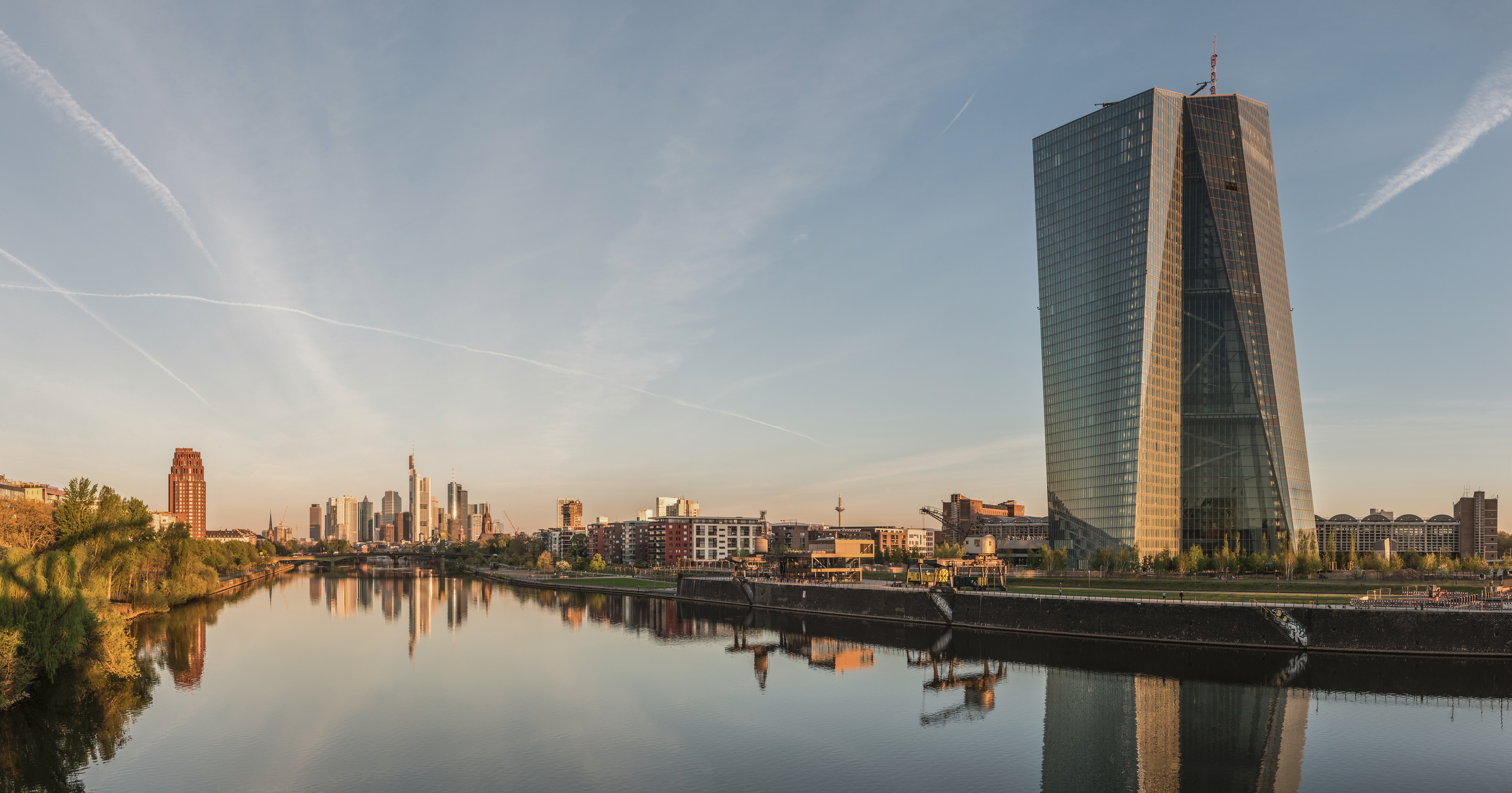 European Central Bank headquarters and Frankfurt skyline at dawn, photographed on 22 April 2015. Archival photograph, not the October 2026 announcement.