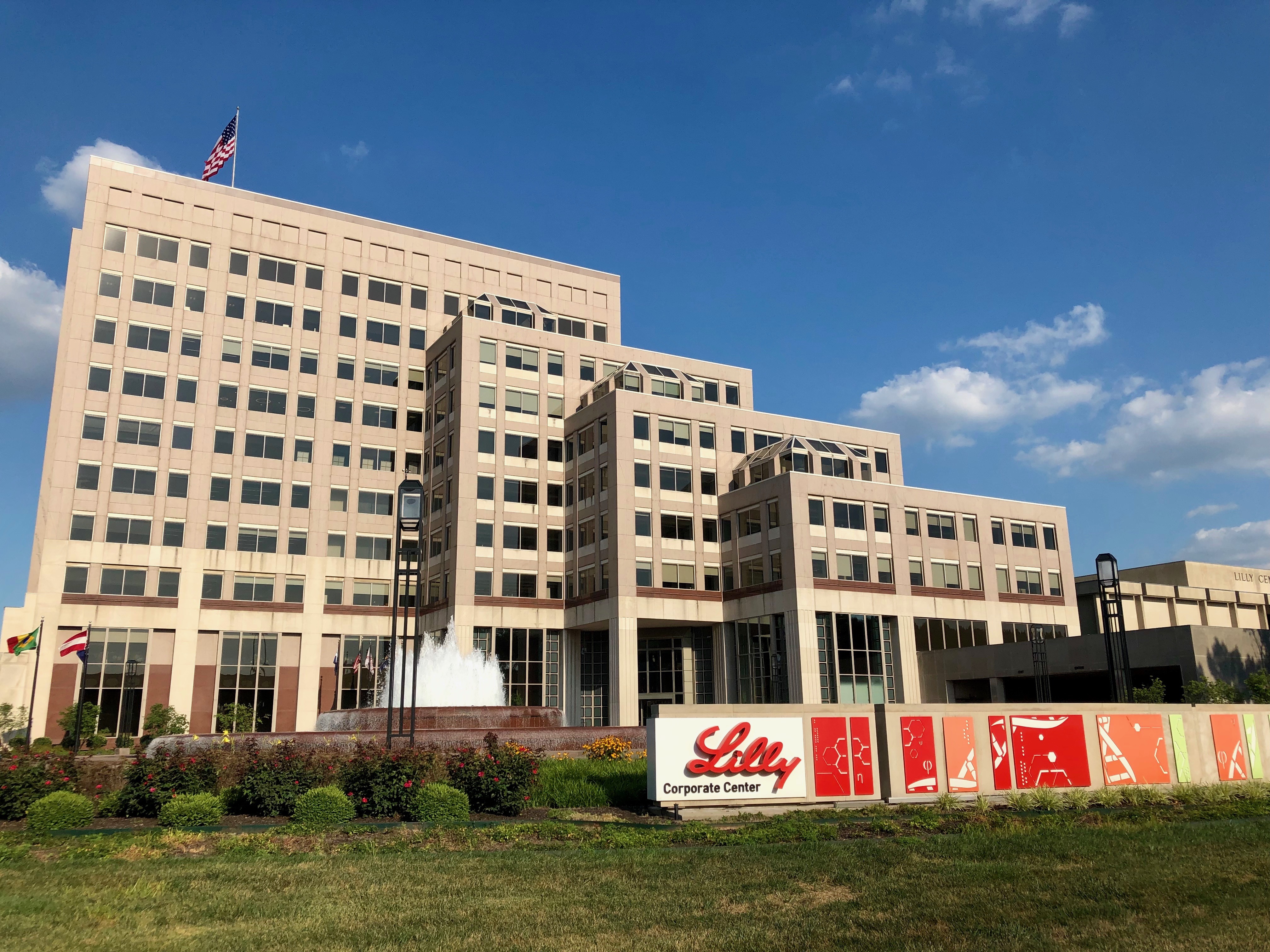 Exterior and visitor entrance of Eli Lilly Corporate Center in Indianapolis, photographed in August 2019.