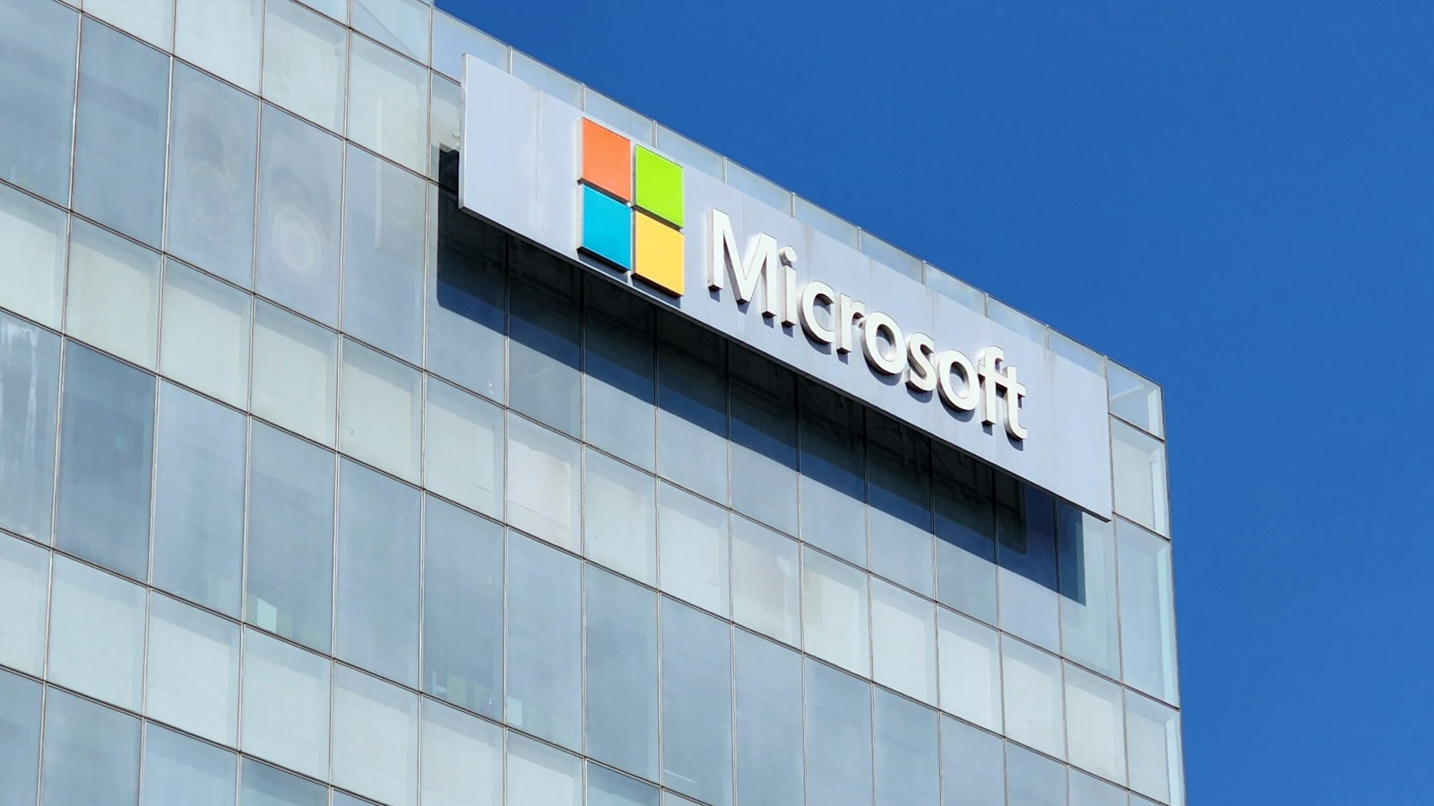 Microsoft signage on an office building, photographed in 2022.