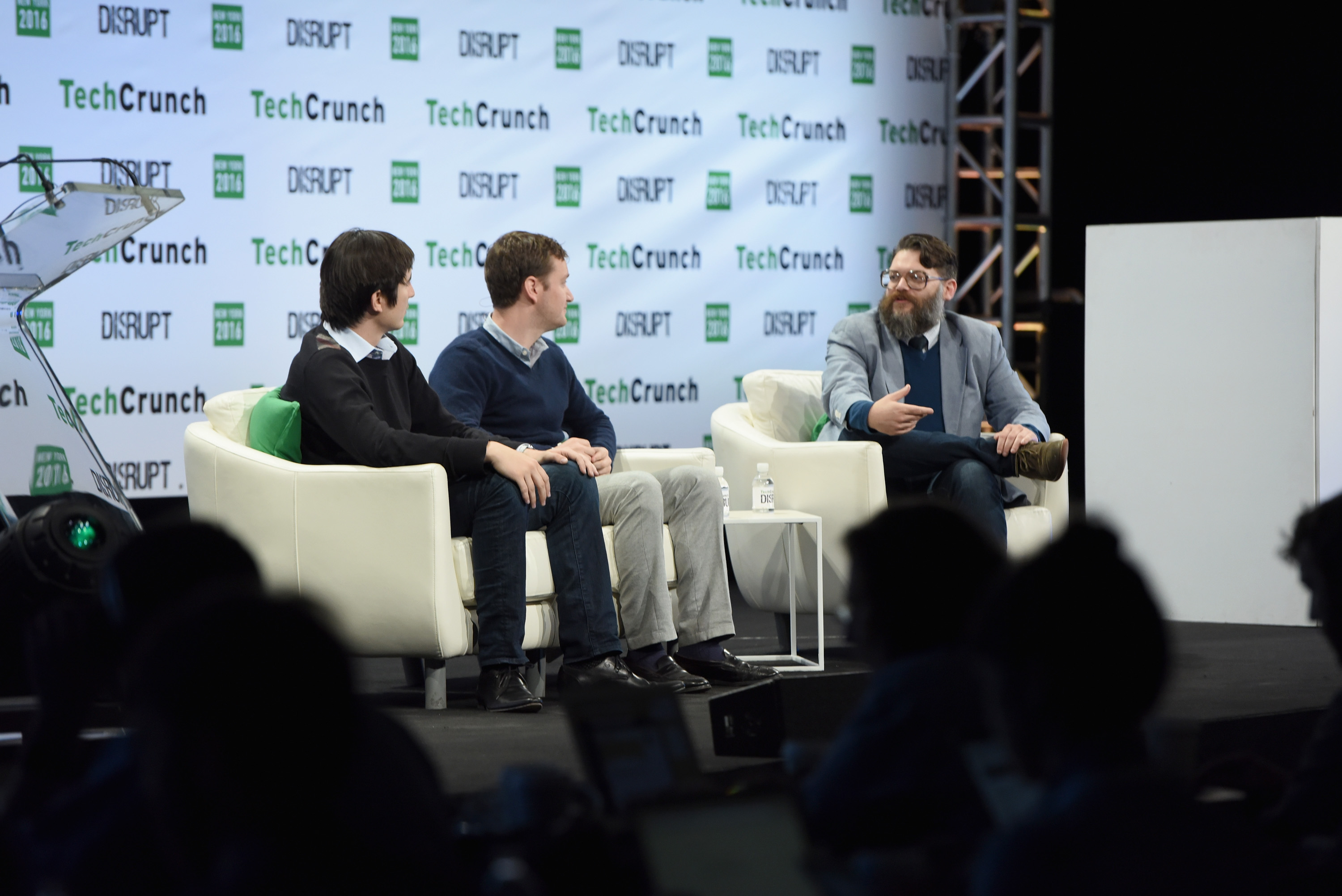 Robinhood co-founder Vlad Tenev, left, with Jon Stein and Jon Shieber at TechCrunch Disrupt in New York on 10 May 2016; archival photograph