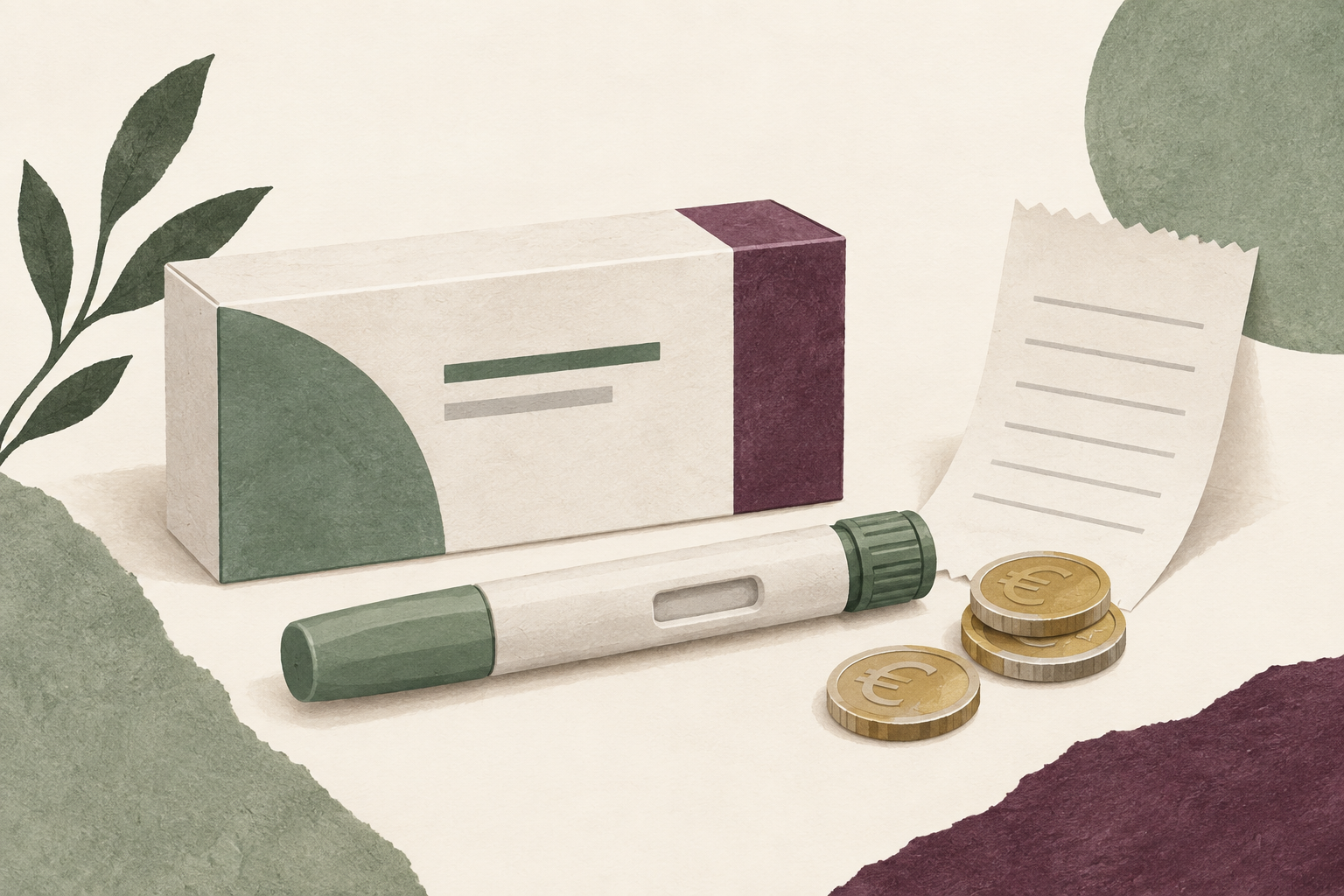 Editorial illustration of an unbranded capped injection pen, medicine carton, receipt and euro coins.