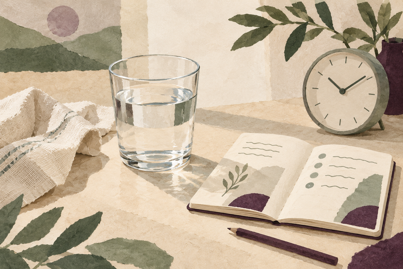 Paper collage illustration of a glass of water, a notebook and a clock.
