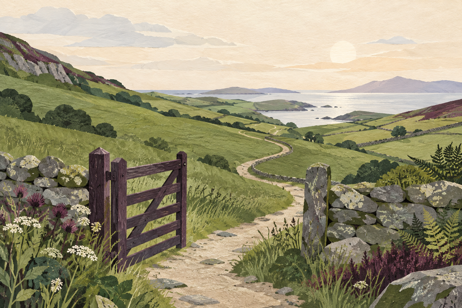 Paper collage illustration of an open gate and a winding path through green coastal hills.