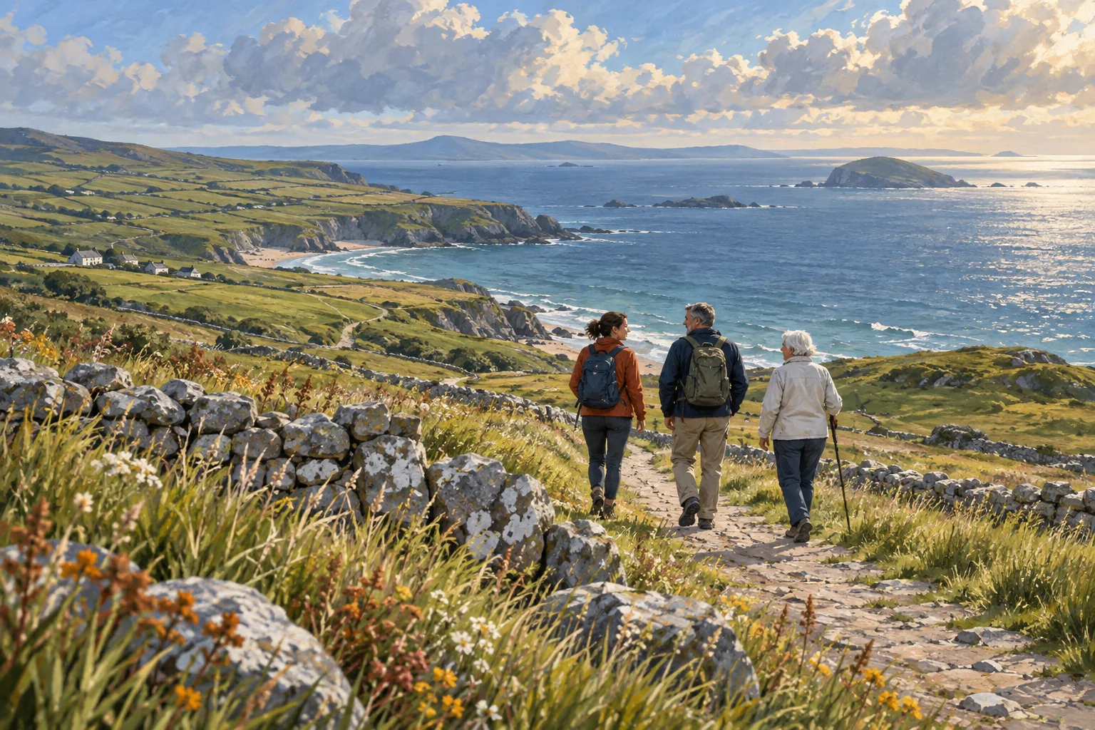Original illustration of three adults from different generations walking together on an imagined Irish coastal path.