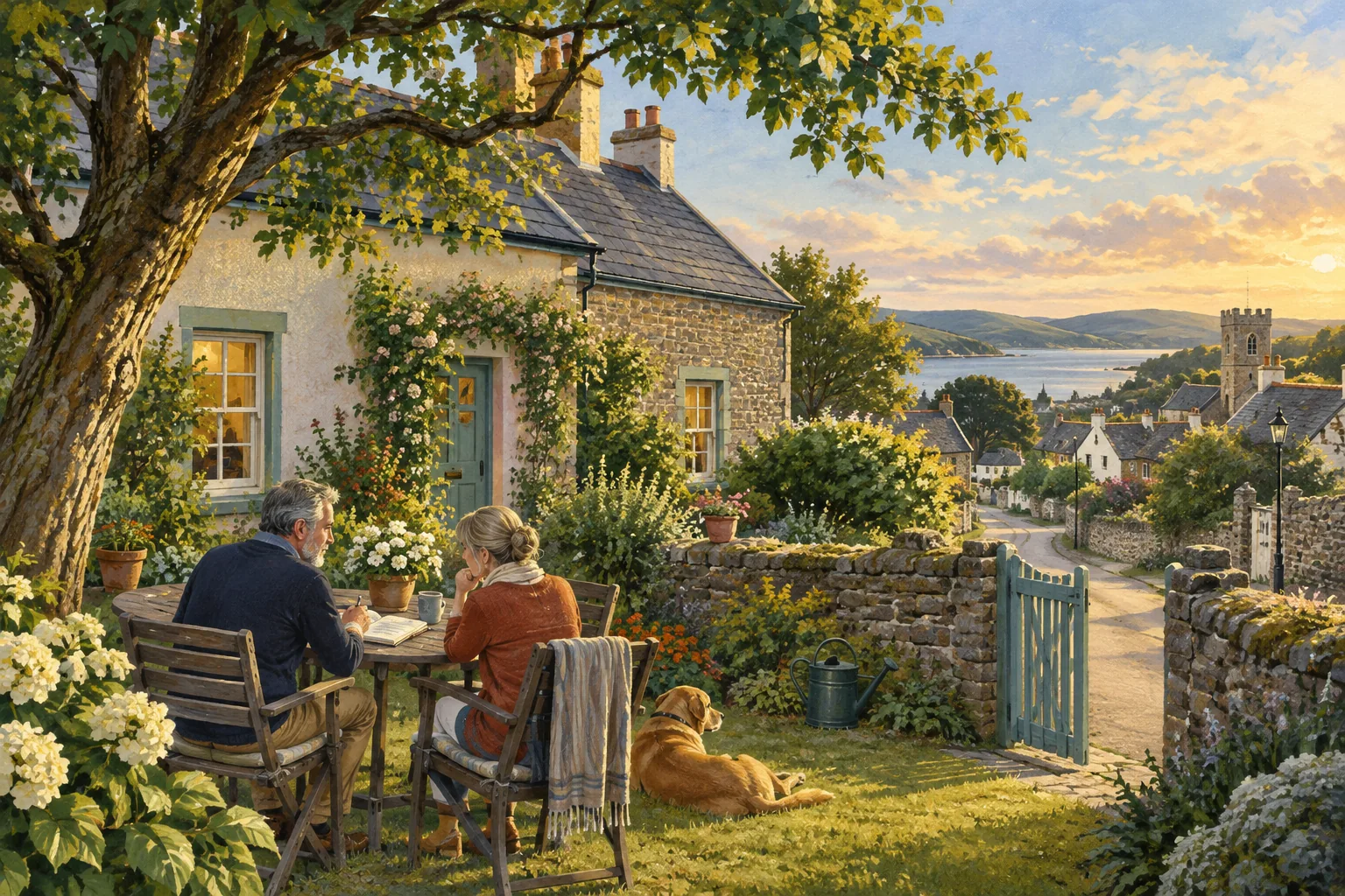 Illustration of two adults discussing a notebook at a garden table beside an imagined Irish village home.