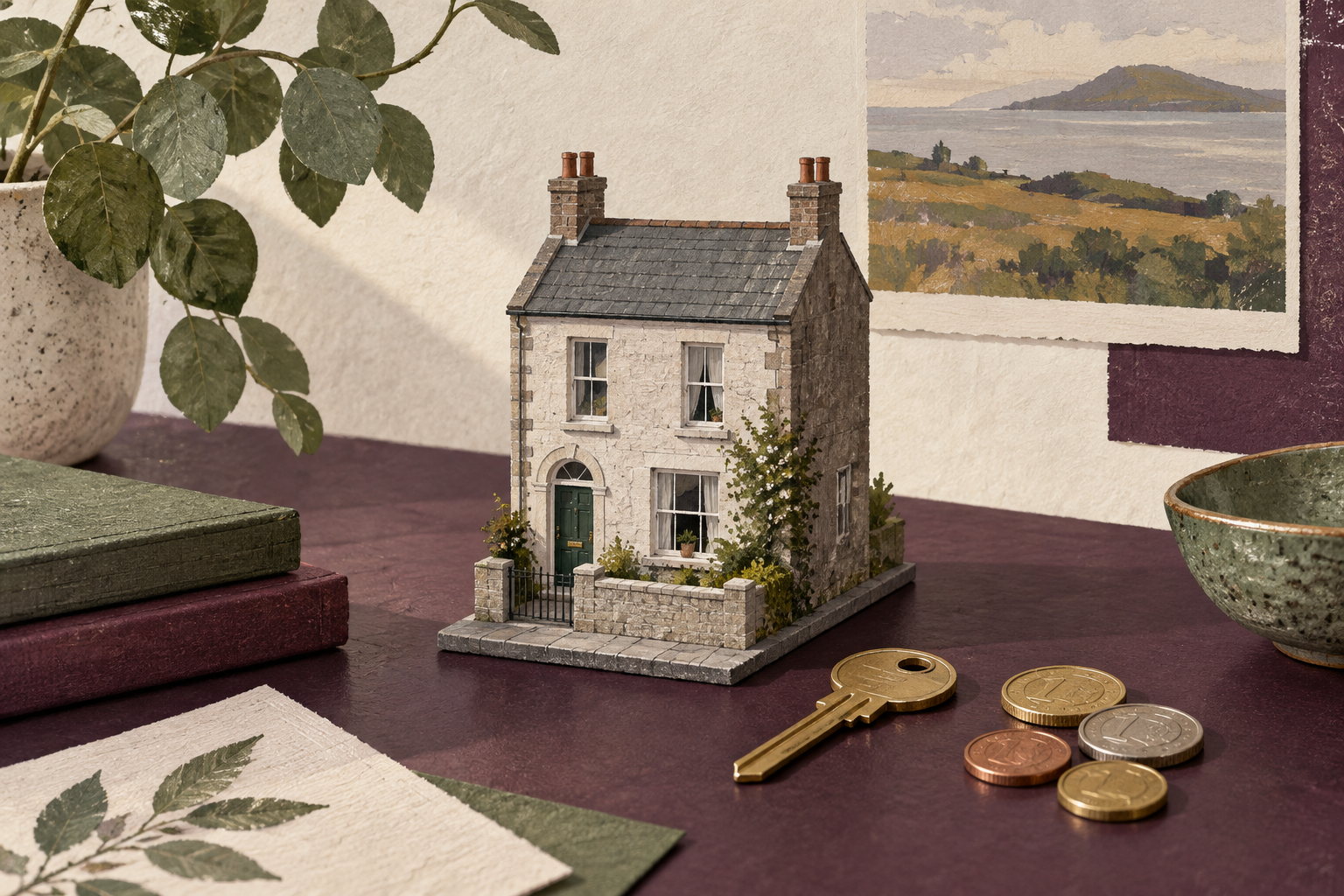 Editorial illustration of a small model house, a brass key and coins on a plum desk.