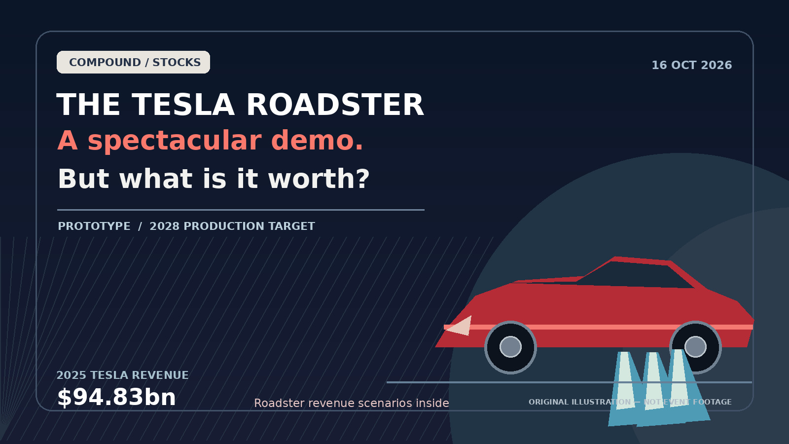 Original editorial illustration of a futuristic red electric roadster with thruster jets and the question of its financial value; not a photograph of the unveiling.
