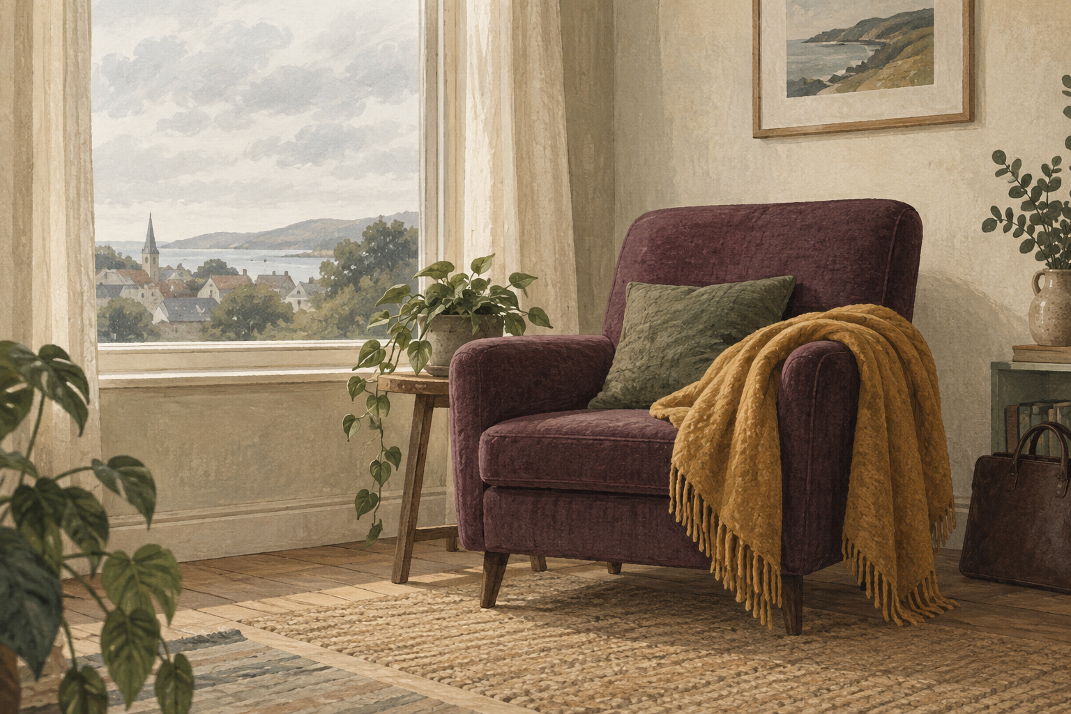 Illustration of a plum armchair beside a softly lit window, with a work bag set aside.